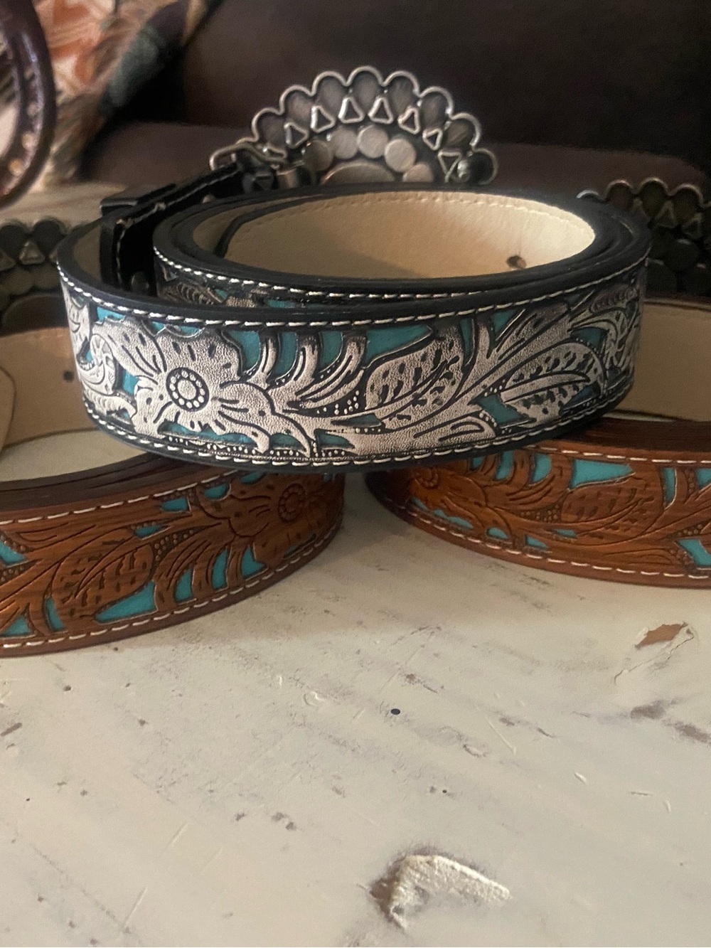 Turquoise Concho Leather Belt - Women's Western Style - Picture 2 of 3